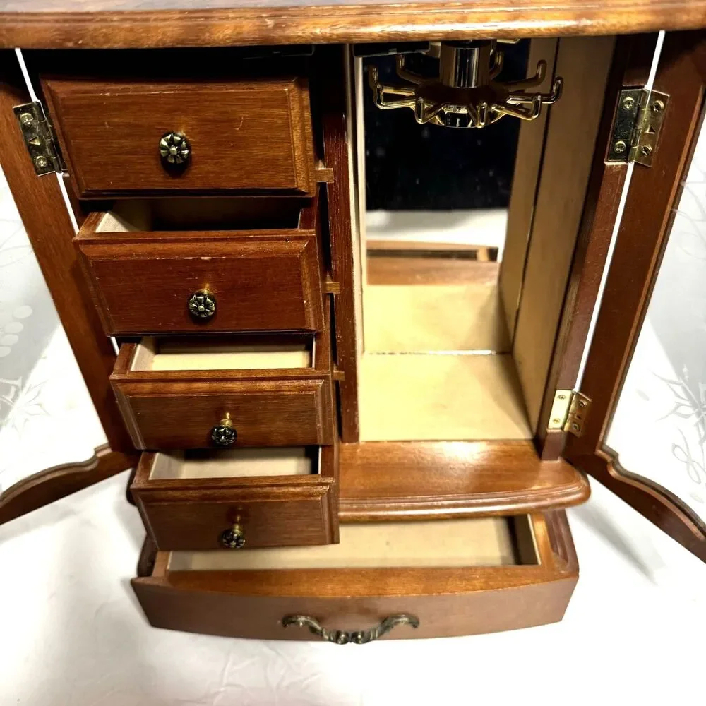 Vintage Jewelry Wood Music Box Etched Floral Glass Doors Mirror 5"x10"x12" - Picture 7 of 8